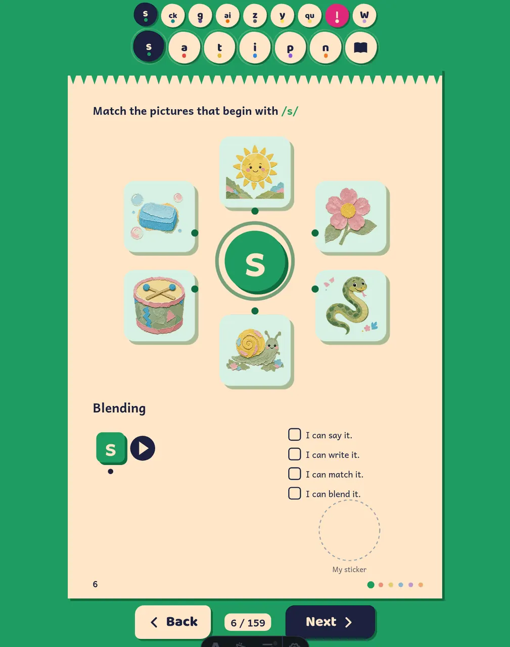 Tablet view of matching and blending exercises
