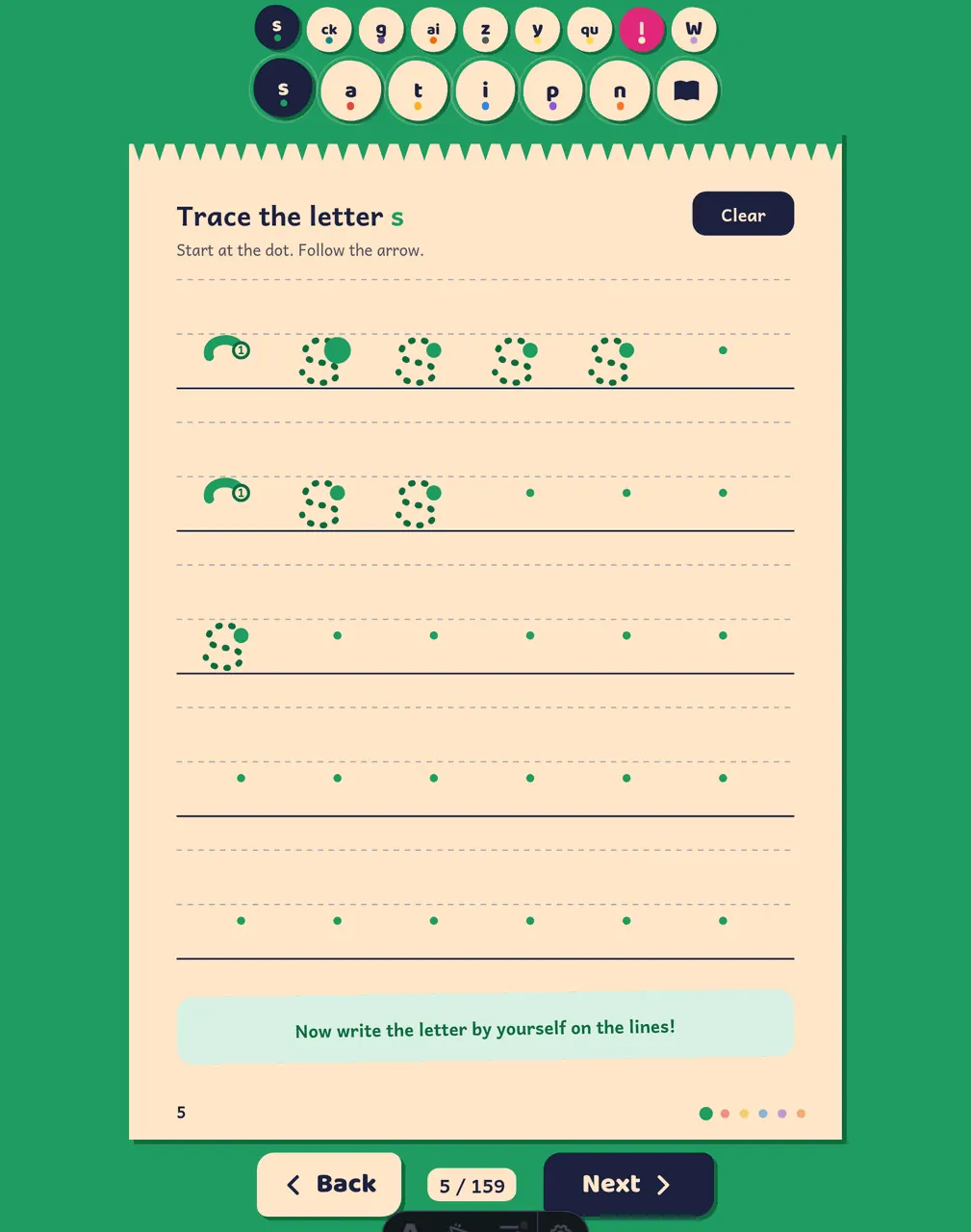 Better Phonics on a tablet: child tracing the letter s on guide lines